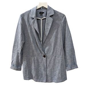 DREW Anthropologie Linen Blend Chambray Blue One Button Blazer Women Size Small